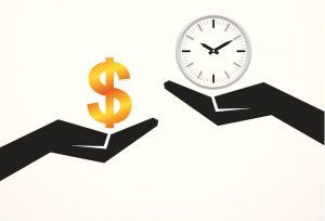 Hand hold dollar and clock symbol to compare their value